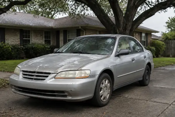 Carro viejo en un driveway de Houston al decidir si vale la pena la cobertura