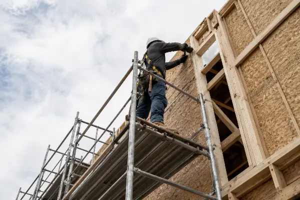 Trabajador de construcción en andamio en una obra de Texas
