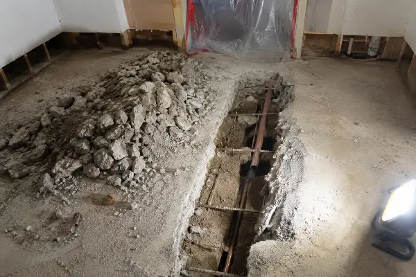 Losa de concreto rota para llegar a una tubería con fuga debajo de la casa