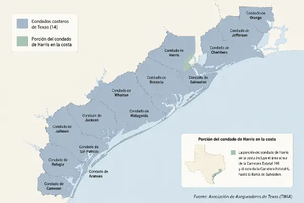 Territorio de viento y granizo de TWIA con la parte del condado de Harris