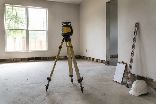 Evaluación de nivel del piso por un ingeniero estructural tras daño en los cimientos