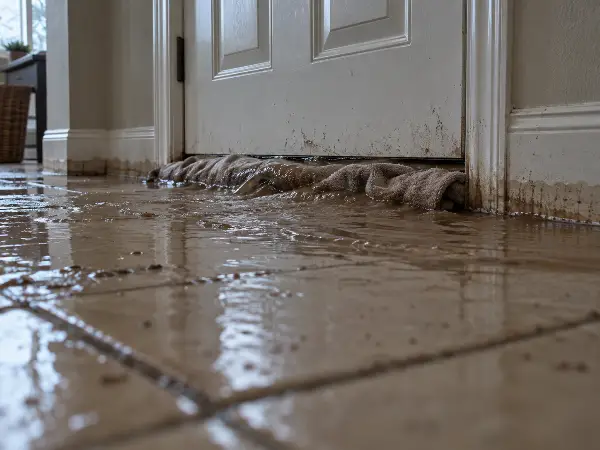 Agua de inundación entrando por debajo de la puerta en una casa de Houston