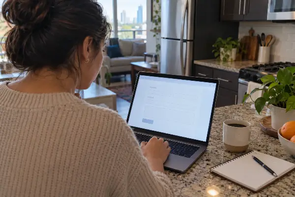 Mujer comparando opciones de seguro de vida en Houston desde su cocina