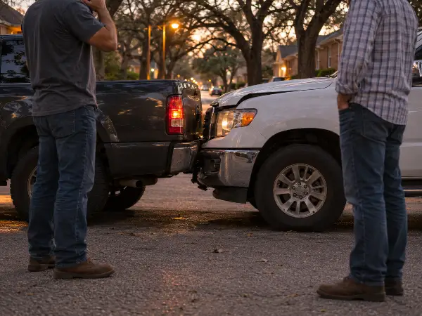 Dos conductores tras un choque menor en una calle de Houston al atardecer