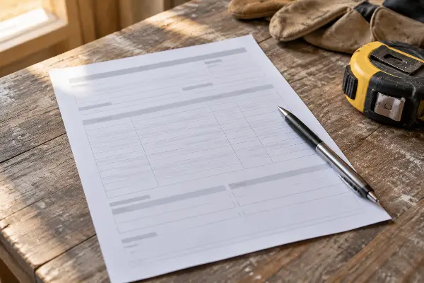 Formulario de acuerdo de compensación laboral listo para firmar en una obra