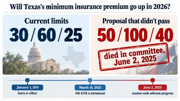 Mínimo vigente 30/60/25 en Texas frente a la propuesta 50/100/40 que no pasó