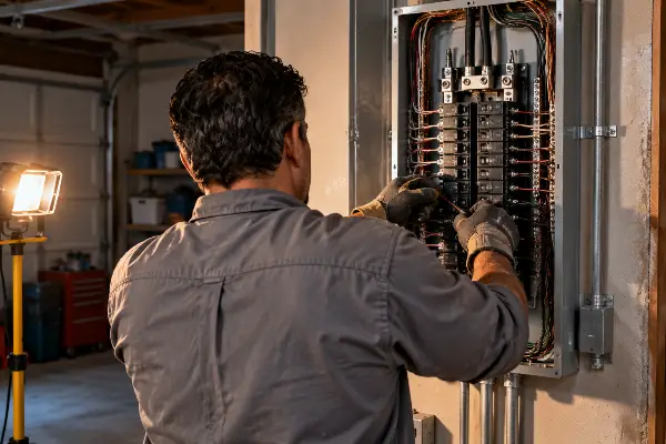 Contratista eléctrico con licencia en Texas trabajando en un panel residencial