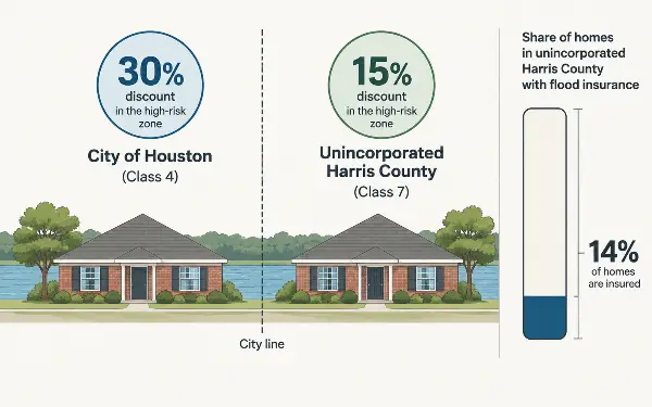 Dos casas iguales con descuentos de inundación distintos según los límites de Houston