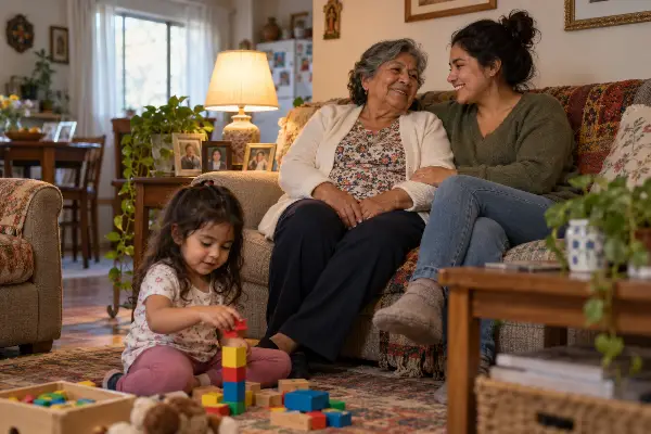 Familia de tres generaciones en Houston hablando sobre cobertura permanente
