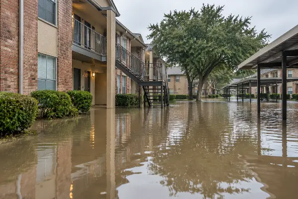 Estacionamiento de apartamentos en Houston con agua acumulada tras la lluvia
