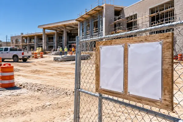 Obra pública en Texas con el tablero de avisos obligatorio en la cerca