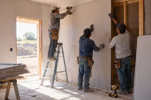 Cuadrilla pequeña de drywall trabajando en una obra en Houston