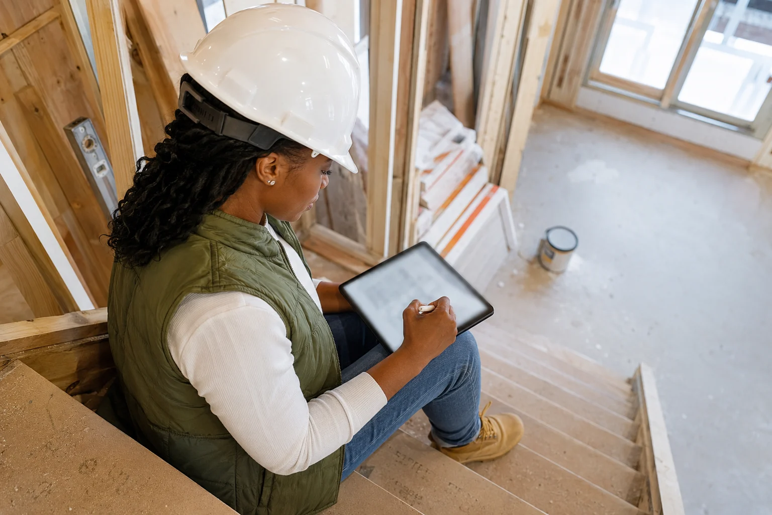 Contratista revisa planos en tablet durante remodelación