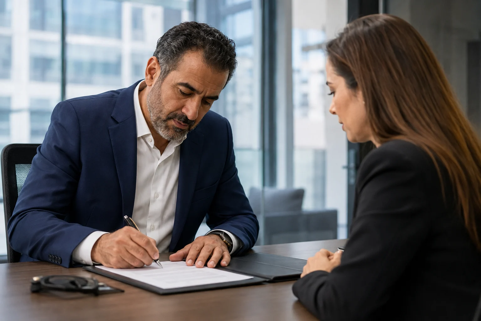 Cliente firmando documentos de seguro
