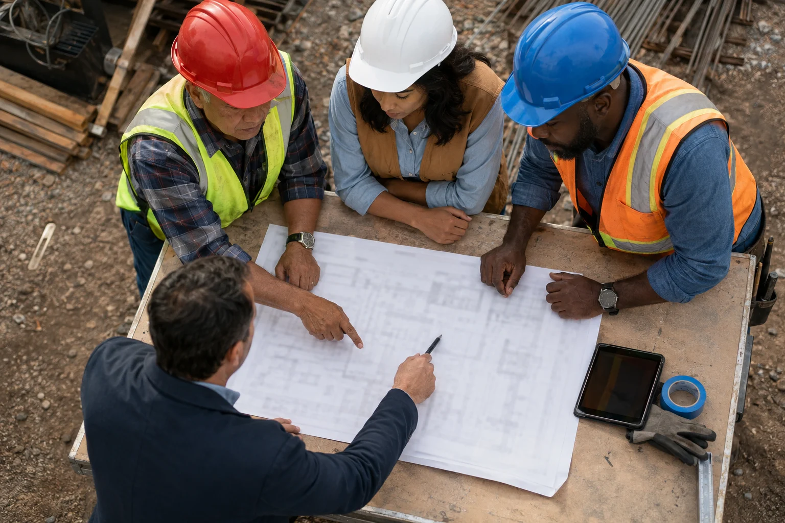 Profesionales de construcción revisando planos y seguros