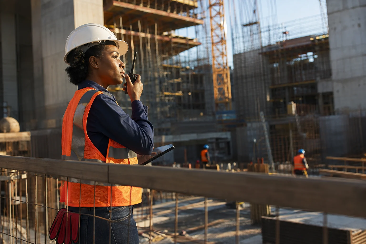 Supervisora de construcción observa la obra