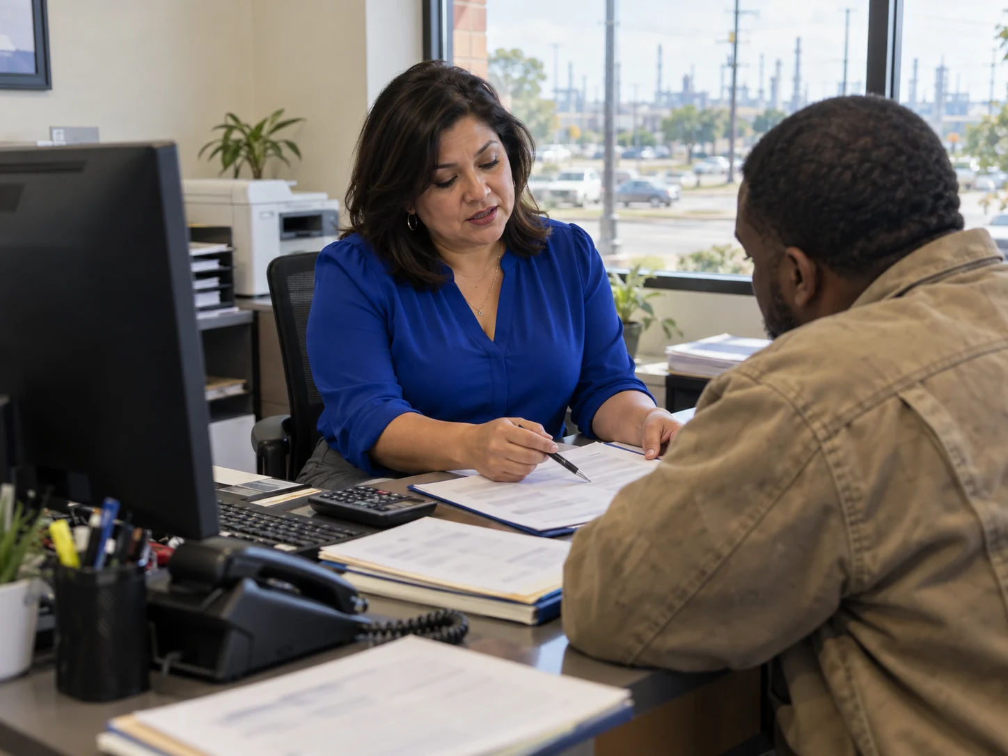 Agente de seguros atendiendo a un cliente en Eastex-Jensen, Houston