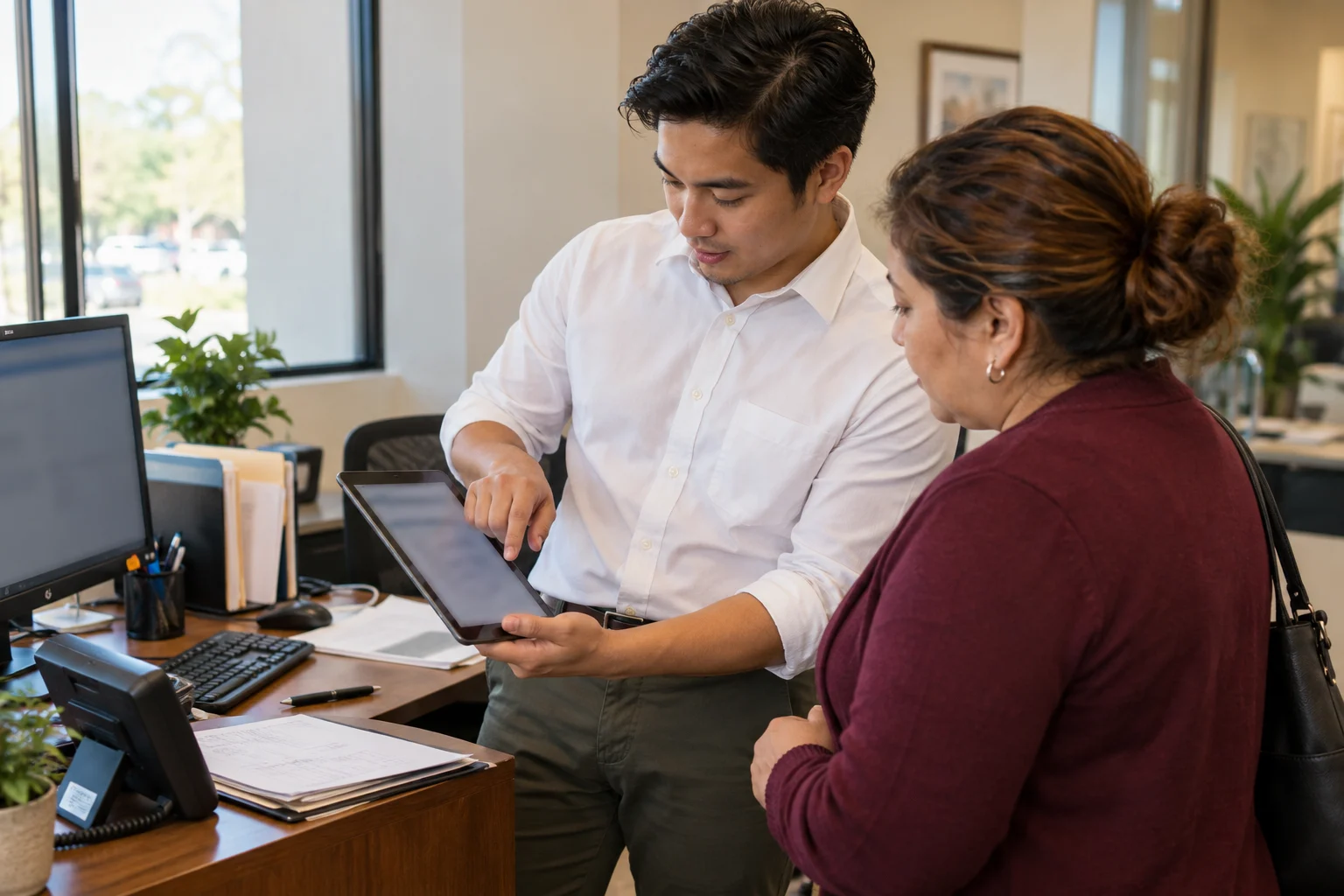 Asesor de seguros revisando una tablet con una clienta
